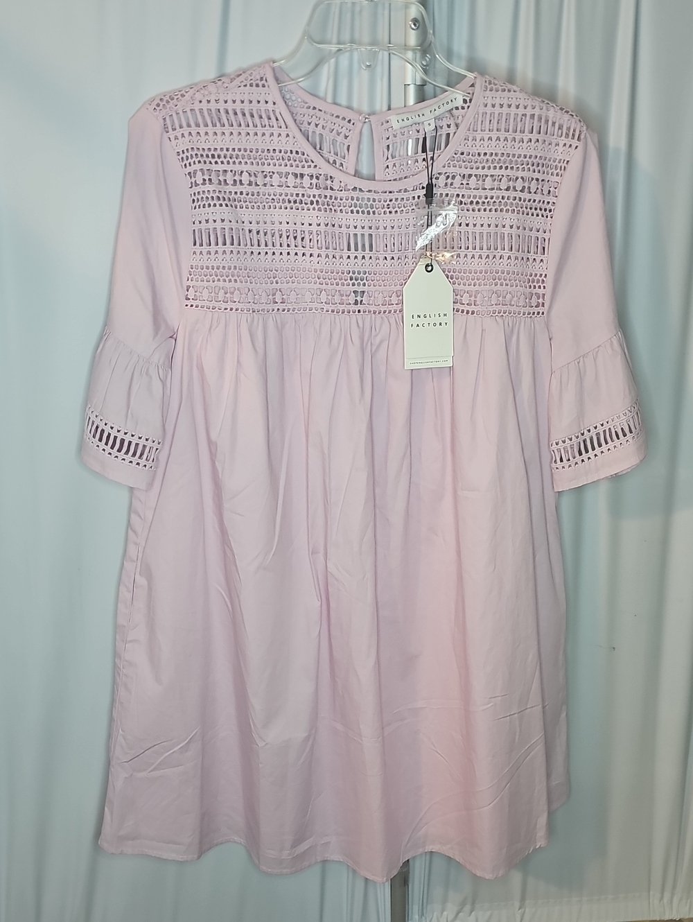English Factory Pink Cotton Mini Dress Short Bell Sleeve Lace Details